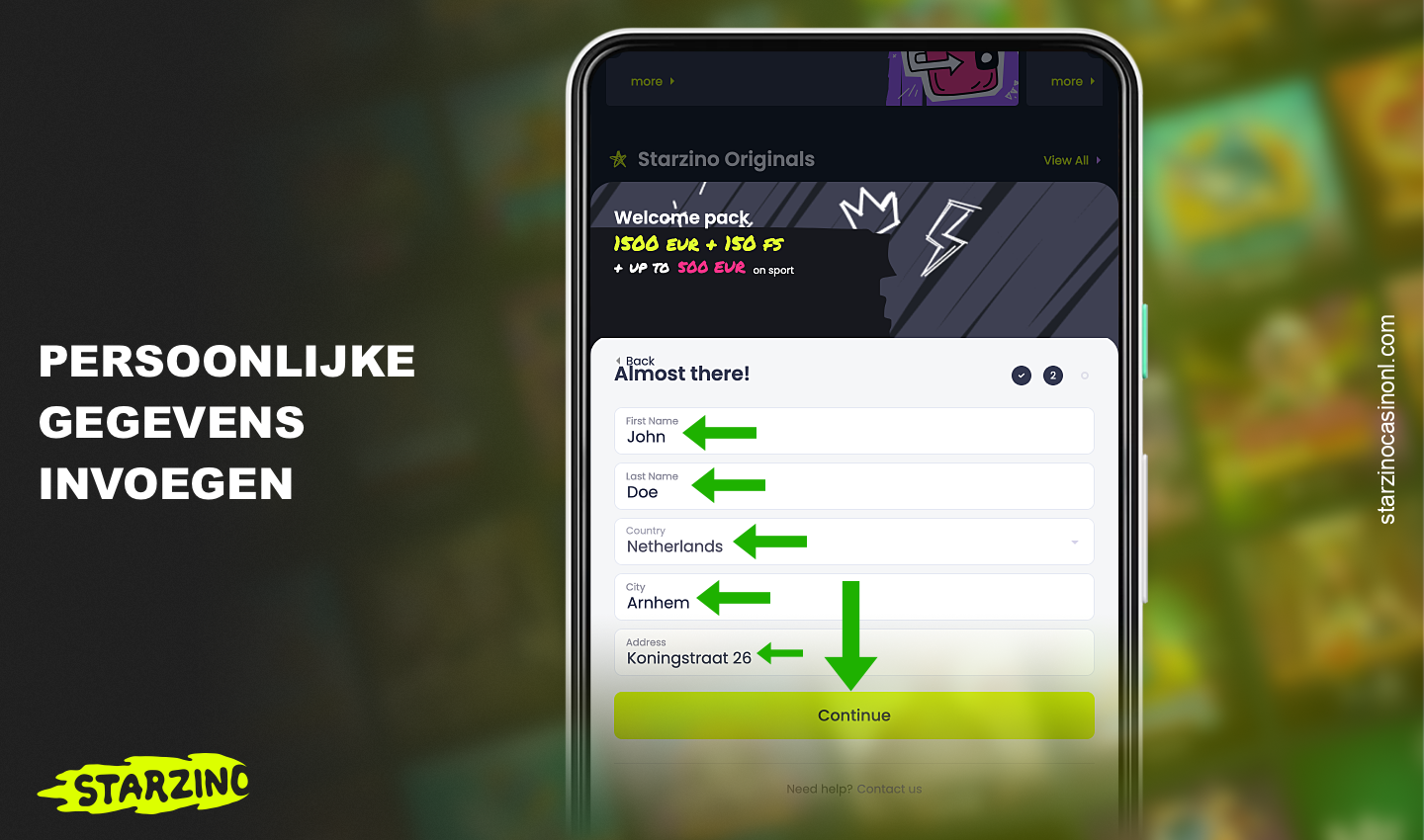 Tijdens het registratieproces in de Starzino app moet je persoonlijke informatie verstrekken