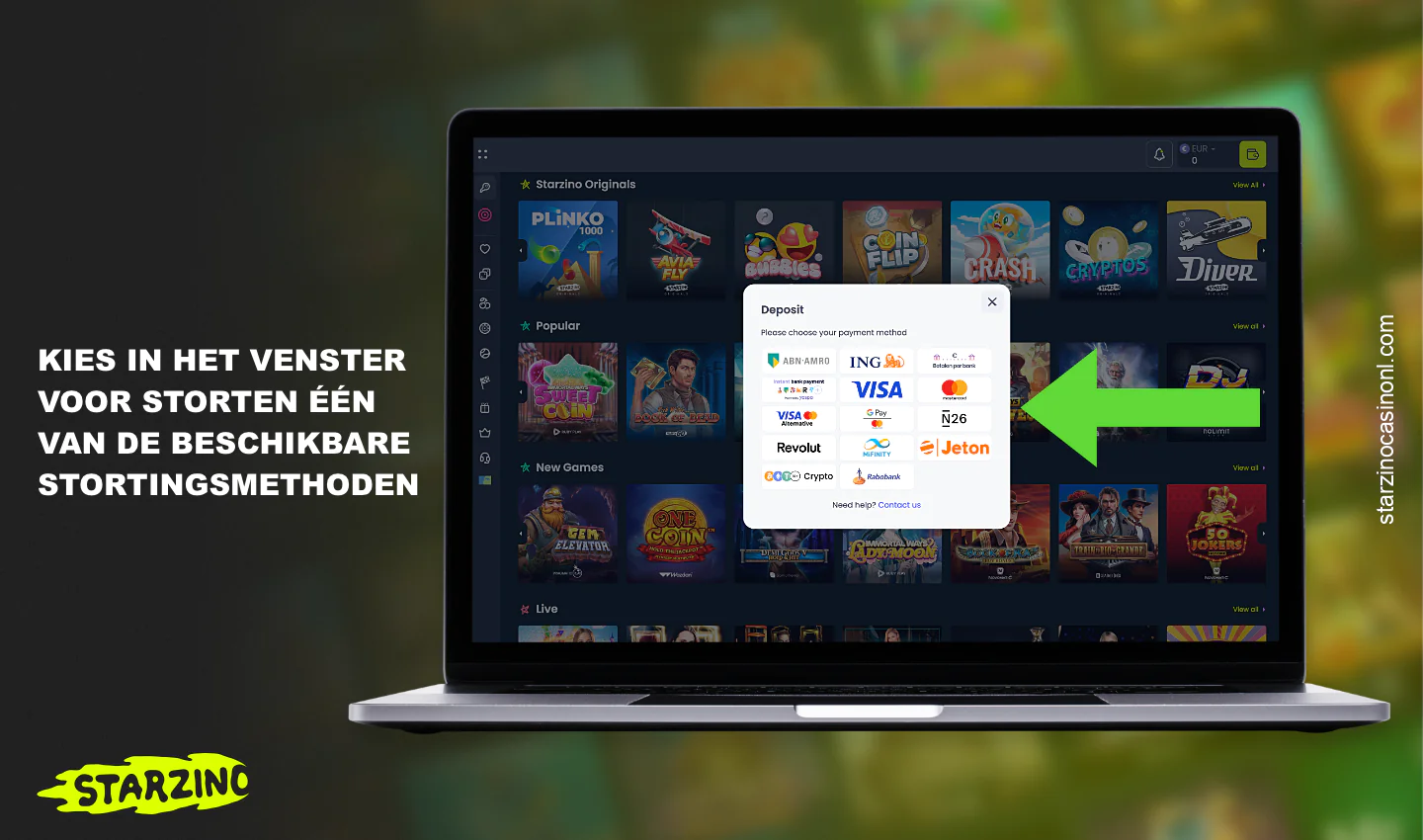 Bij het maken van een storting bij Starzino moet je een van de aangeboden betalingsopties kiezen