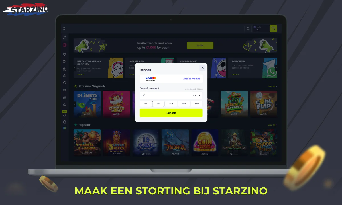 Gedetailleerde instructies over hoe u een storting kunt doen op de Starzino-website