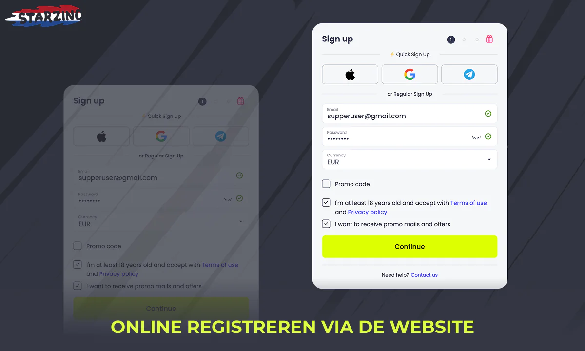 Gedetailleerde instructies voor registratie op de Starzino-website